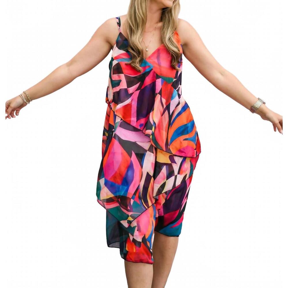 NEW MOLLY BRACKEN donna asymmetrical print dress in pink multi